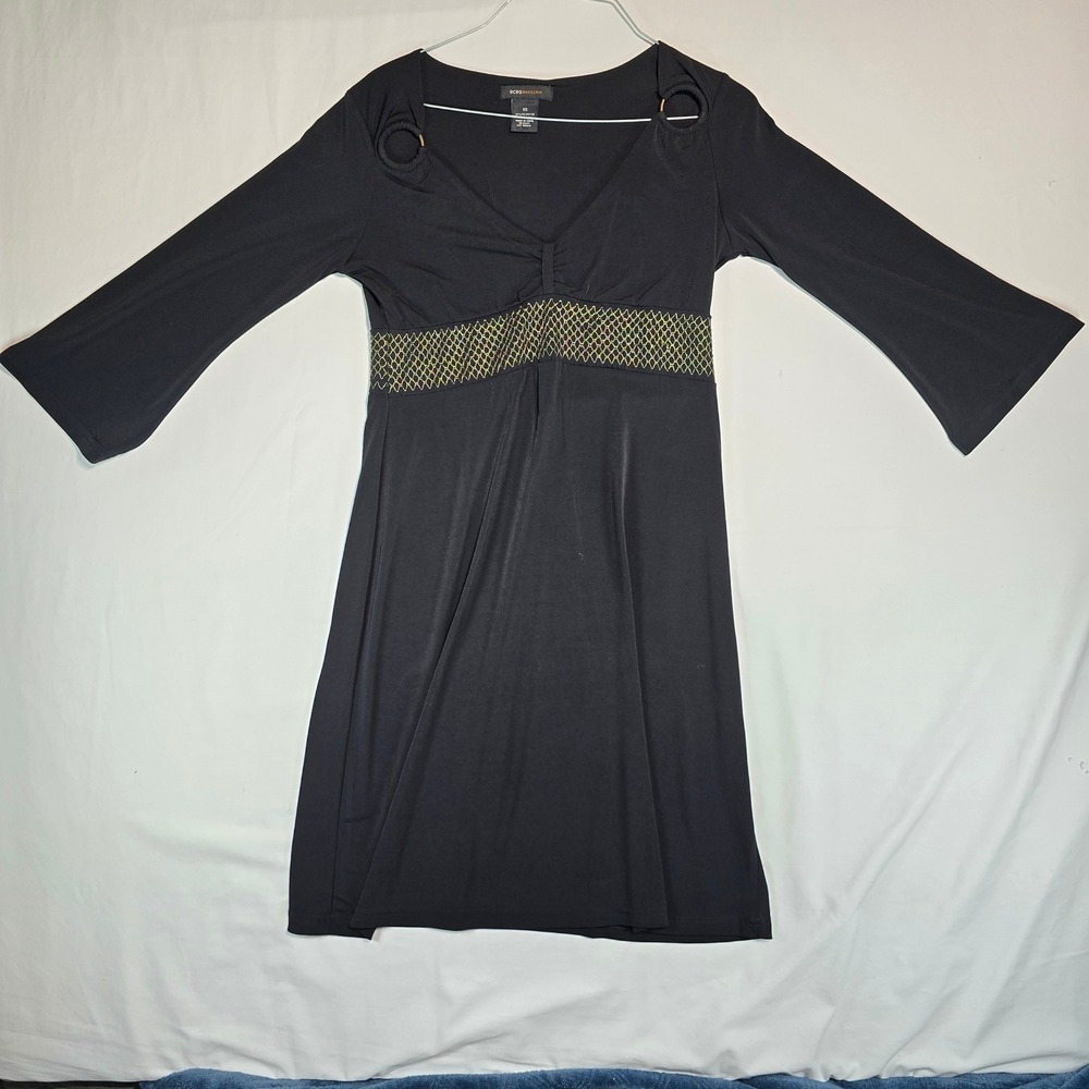 BCBGMAXAZRIA Black V-Neck Mini Dress Gold Lattice Empire Waist Bell Sleeve XS